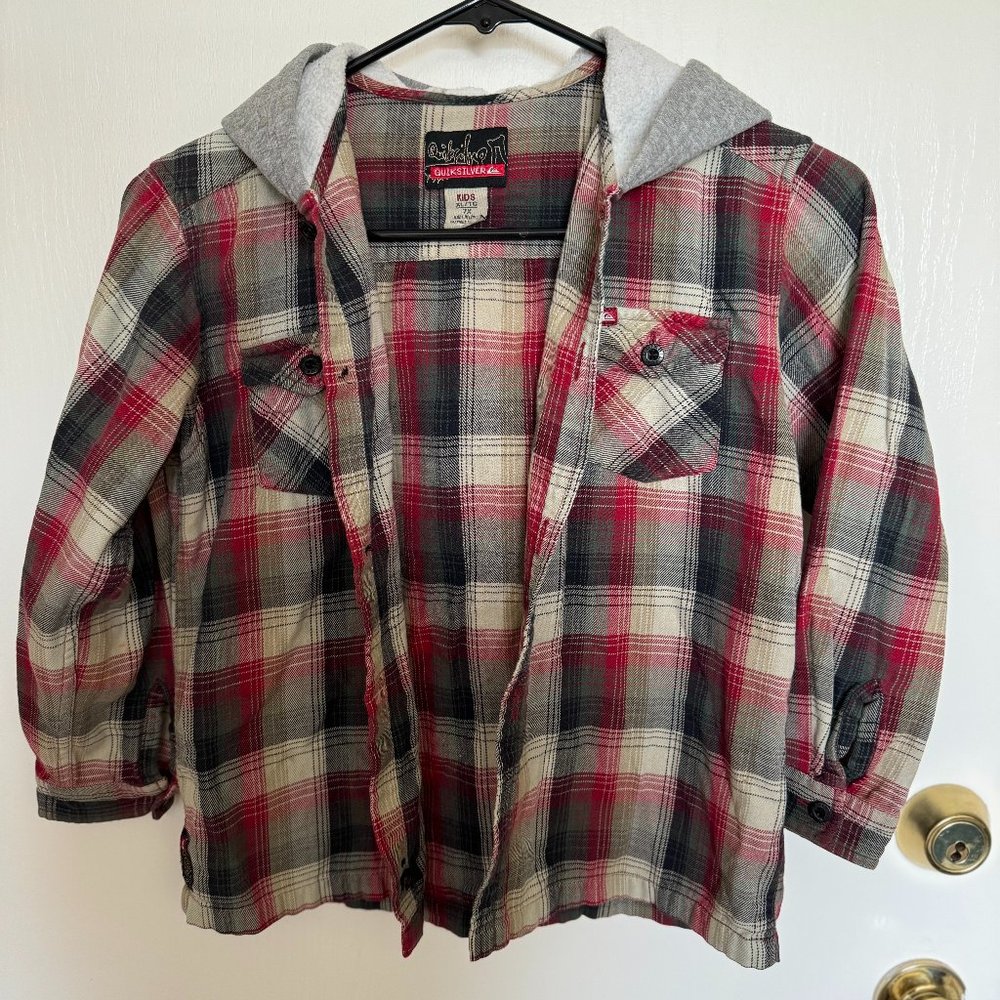 Quiksilver hooded flannel‎ shirt Kids Size 7x red/grey/cream surf skater beach
